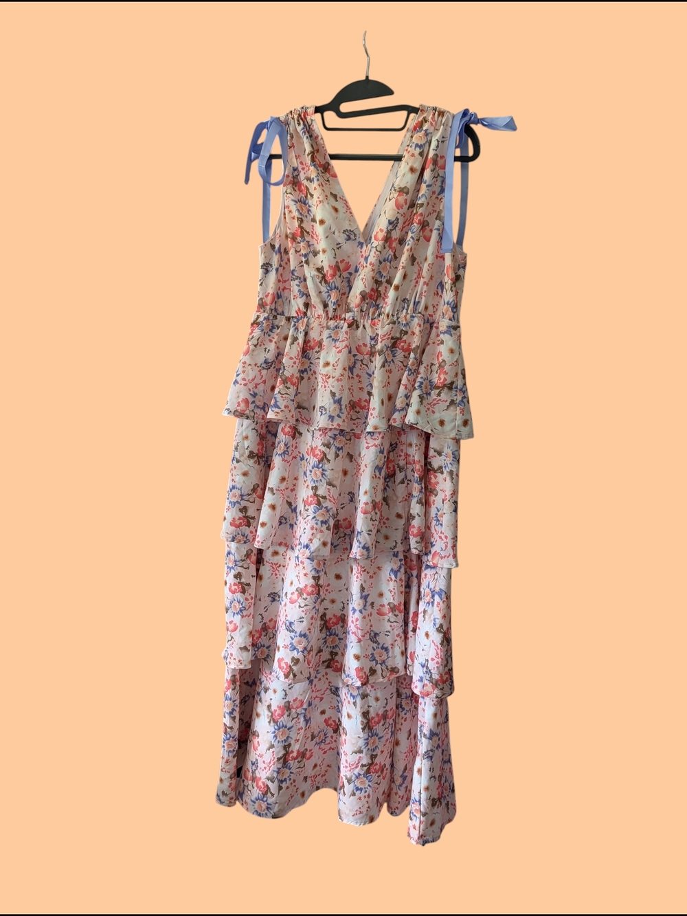 Floral Tiered V-Neck Maxi Dress with Tie Shoulders - Pink Floral